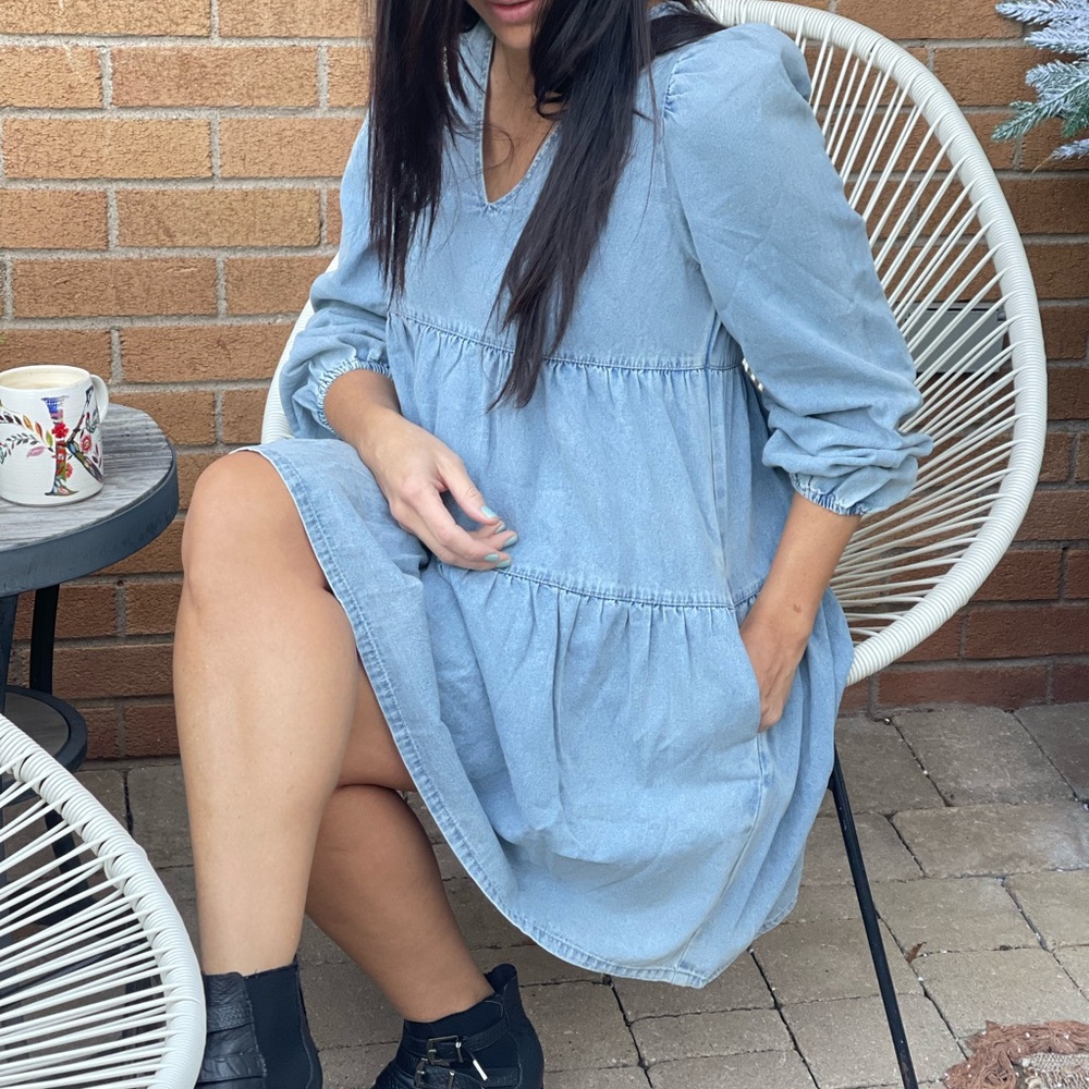 Women's Denim Lantern Long Sleeve Dress